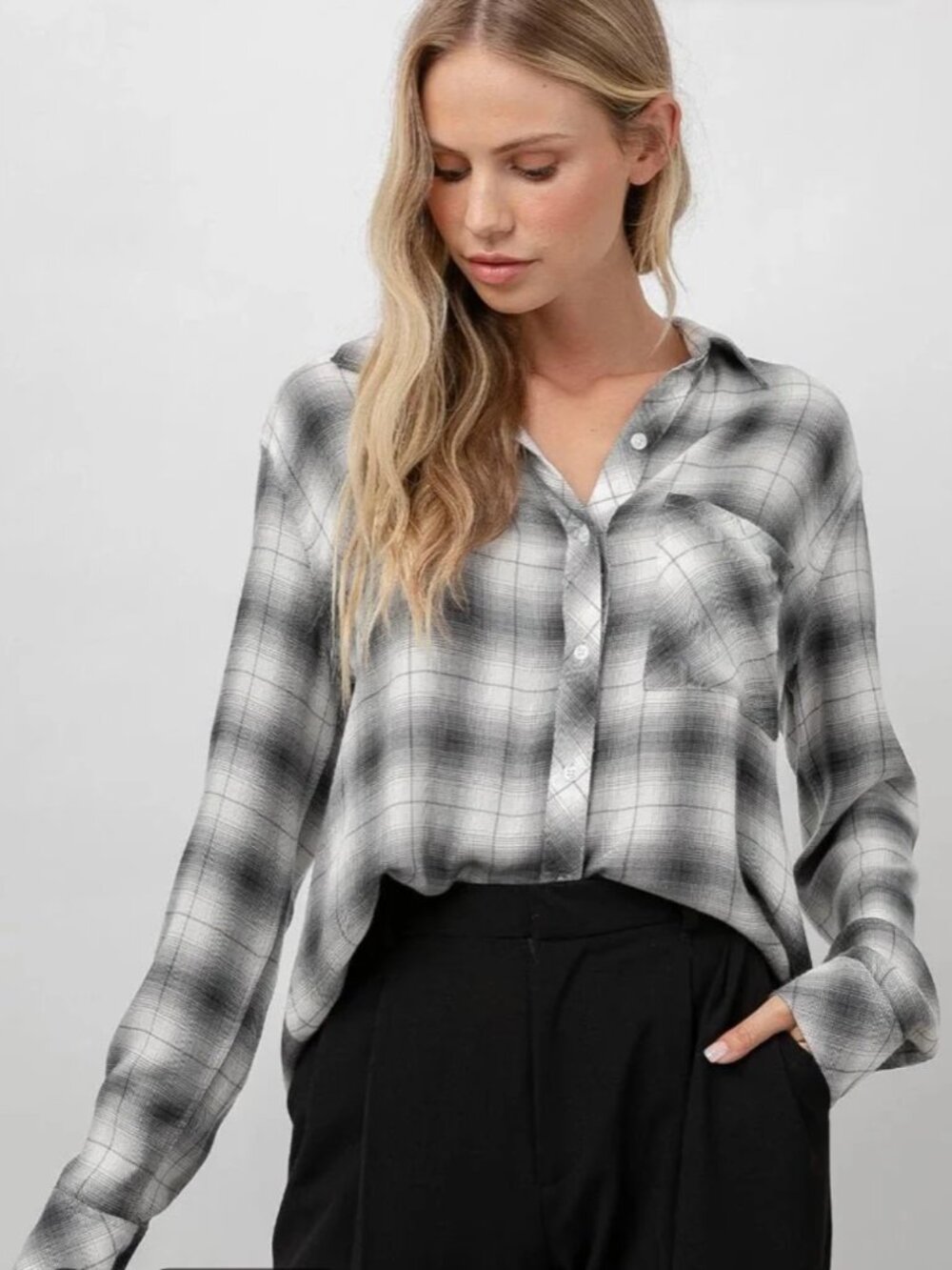 Rails XS Hunter Charcoal Ivory Ombre Plaid Long Sleeve Button Up Shirt Top $188